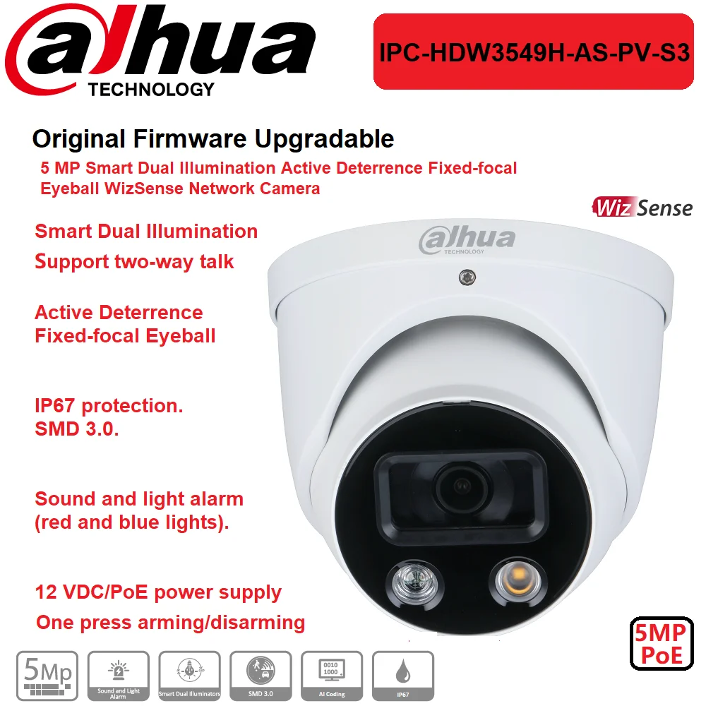 IP Camera Dahua 5MP IPC-HDW3549H-AS-PV-S3 Smart Dual Illumination Active Deterrence Fixed-focal Eyeball WizSense Network Cam
IP Camera Dahua 5MP IPC-HDW3549H-AS-PV-S3 Smart Dual Illumination Active Deterrence Fixed-focal Eyeball WizSense Network Cam