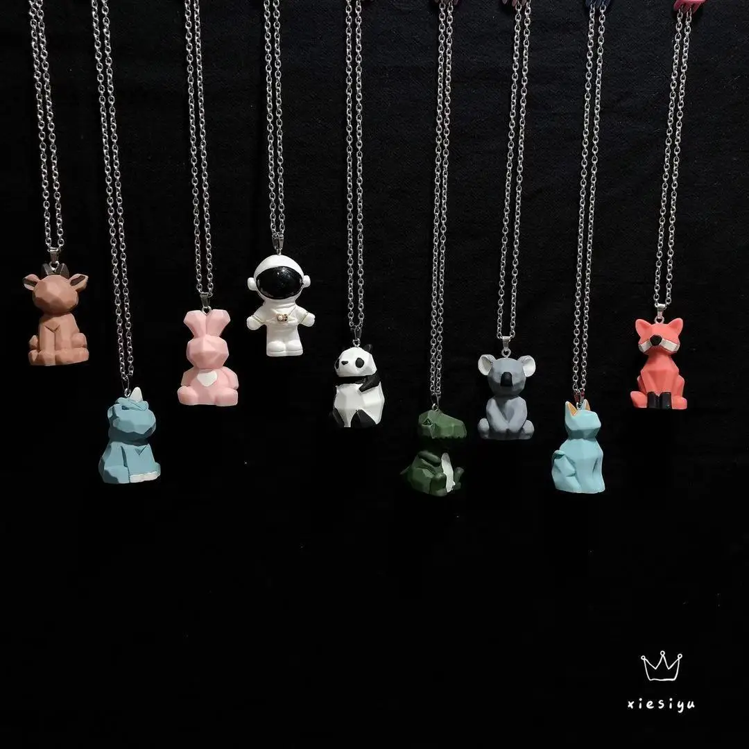 

Necklace For Women Cartoon Geometric 3D Pink Pig Deer Dinosaur Frog Rabbit Panda Stainless Steel Necklaces