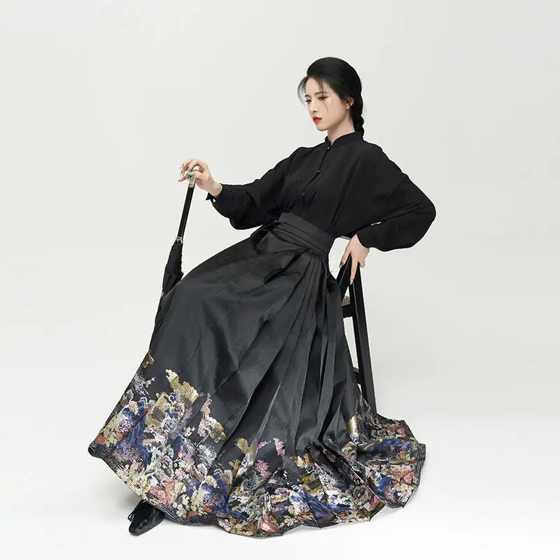 

Women's Original Hanfu Ming System National Style Stand-up Collar Short Shirt Imitation Makeup Flower Horse Face Skirt