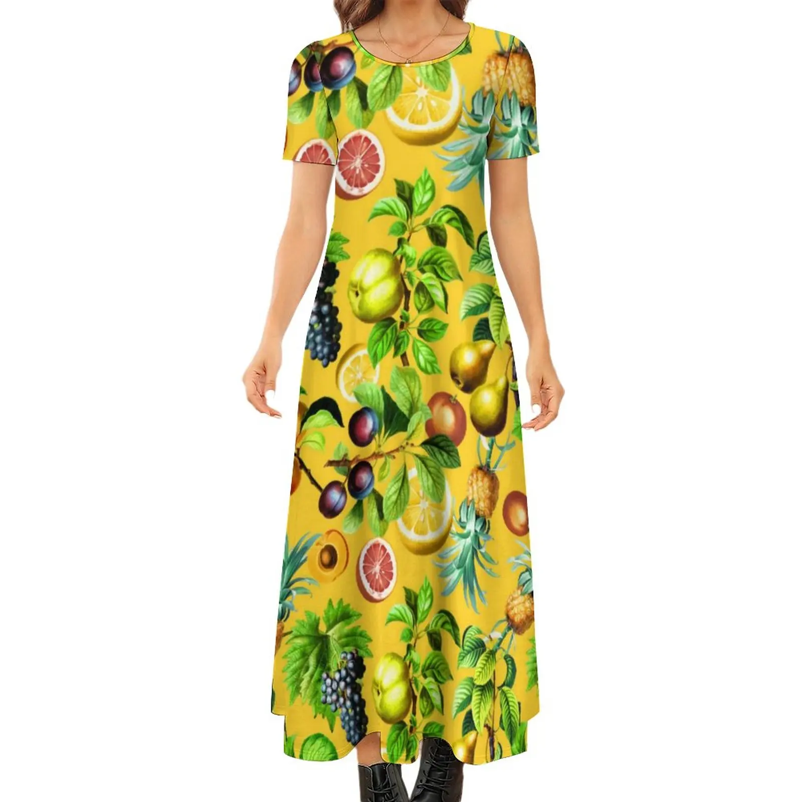 

Pineapple Dress Tropical Fruit Print Elegant Maxi Dress Funny Bohemia Long Dresses Female Short Sleeve Oversize Vestido