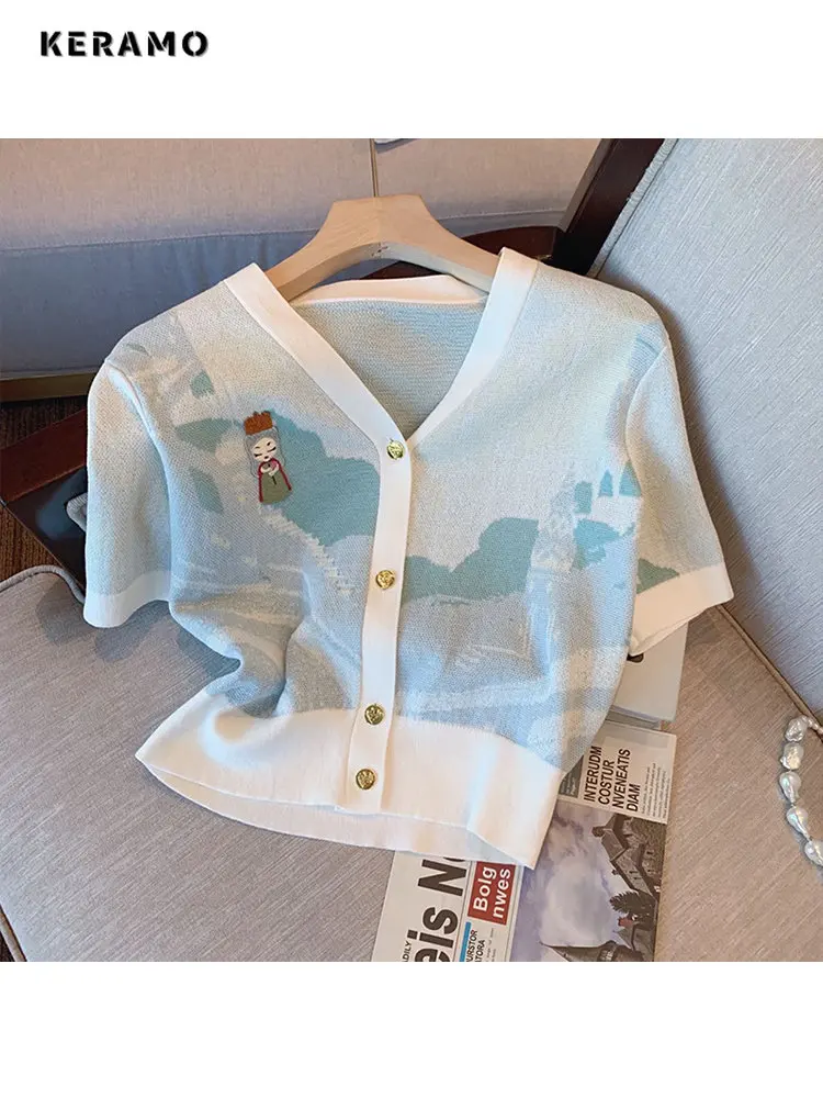 Casual Turn-Down Collar Print Short Sleeve Sweaters T-shirt Summer For Women High Street Knitting V-neck Tees Cardigan Crop Top
Casual Turn-Down Collar Print Short Sleeve Sweaters T-shirt Summer For Women High Street Knitting V-neck Tees Cardigan Crop Top