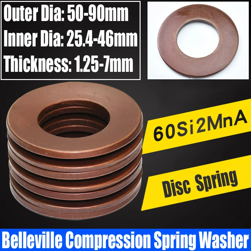

1PCS 60Si2MnA Belleville Compression Spring Washer Disc Spring Outer Dia 50-90mm Inner Dia 25.4-46mm Thickness 1.25-7mm