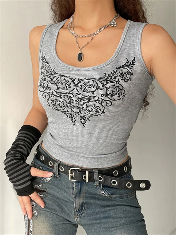 Summer Women Tank Tops Slim Gothic Print Florals Elastic Sleeveless O-neck Y2k Fashion Young Girl Casual Skinny Crop Top Gray
Summer Women Tank Tops Slim Gothic Print Florals Elastic Sleeveless O-neck Y2k Fashion Young Girl Casual Skinny Crop Top Gray