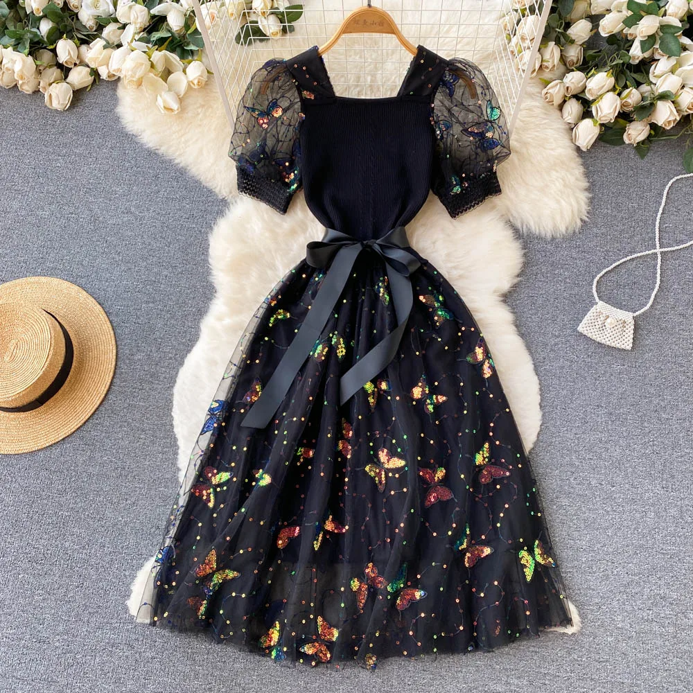Short Sleeve A-line Dress Summer Women's New Fashion French Print Bow Square Neck Casual Clothes Vestidos F993 
Short Sleeve A-line Dress Summer Women's New Fashion French Print Bow Square Neck Casual Clothes Vestidos F993