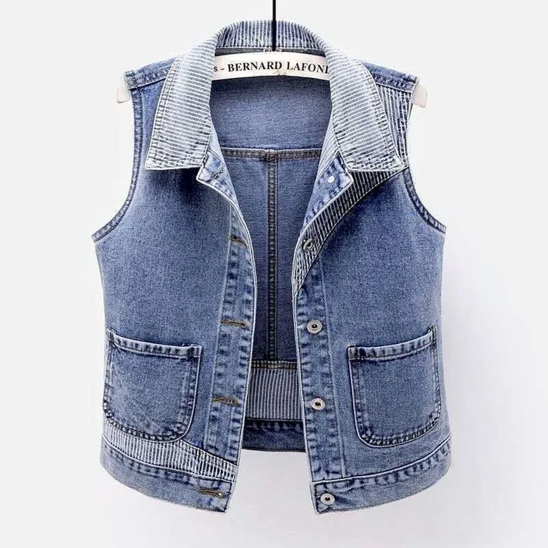 Women Denim Vest Splicing Big Pocket Short Jeans Striped Sleeveless Female Jacket Stripe Splice Tops Ladies Cowboy Waistcoat
Women Denim Vest Splicing Big Pocket Short Jeans Striped Sleeveless Female Jacket Stripe Splice Tops Ladies Cowboy Waistcoat