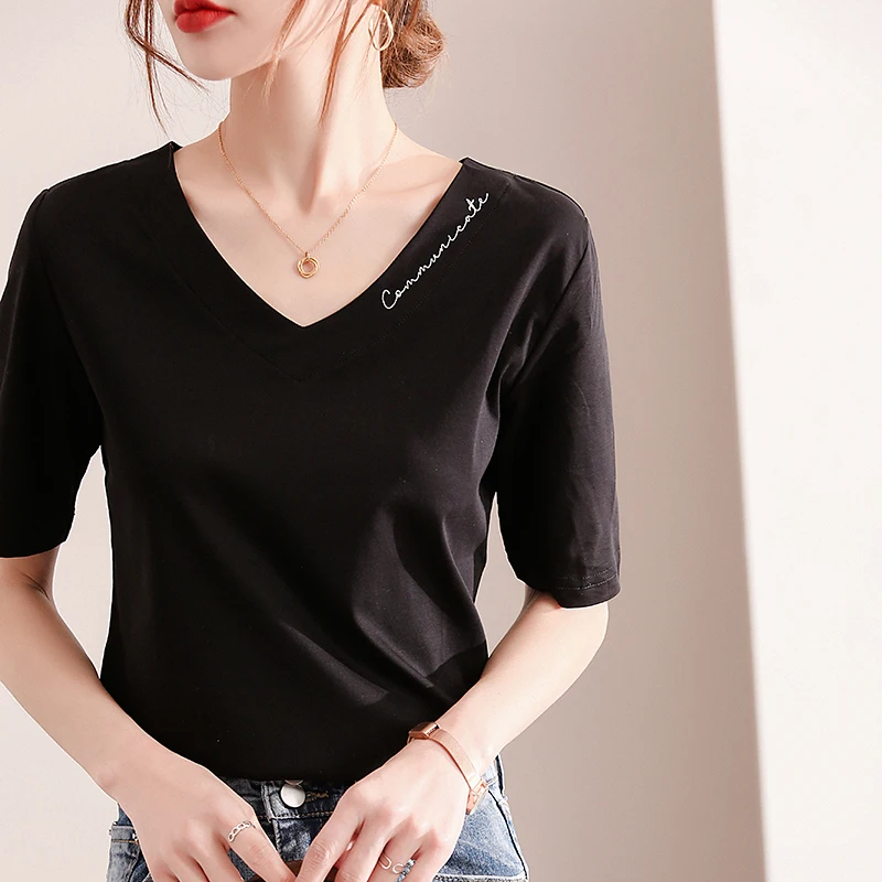 Summer 100% Mercerized Cotton Front And Back V-Neck Short Sleeve T-Shirt Alphabet Embroidery Casual Fashion Women's Slim Top
Summer 100% Mercerized Cotton Front And Back V-Neck Short Sleeve T-Shirt Alphabet Embroidery Casual Fashion Women's Slim Top