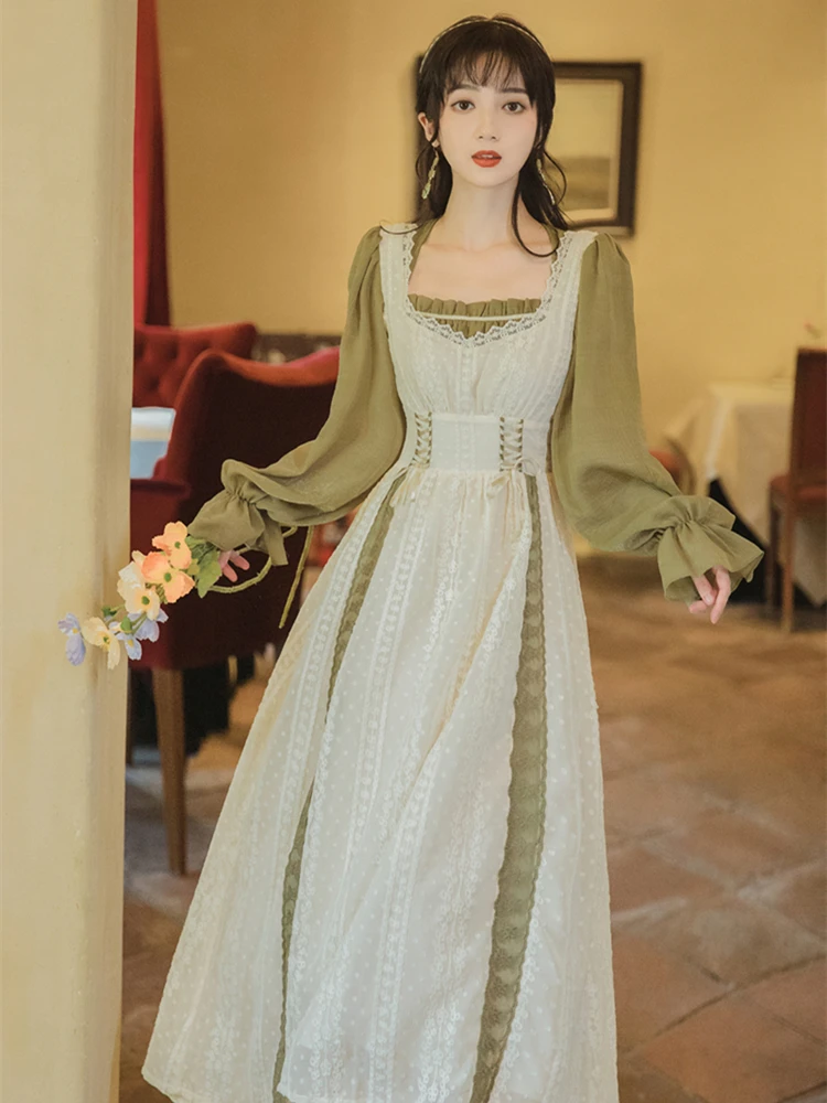 

Spring Women's New Lolita Retro Waistband French Romantic Palace Style Long Sleeved Dress Fairy