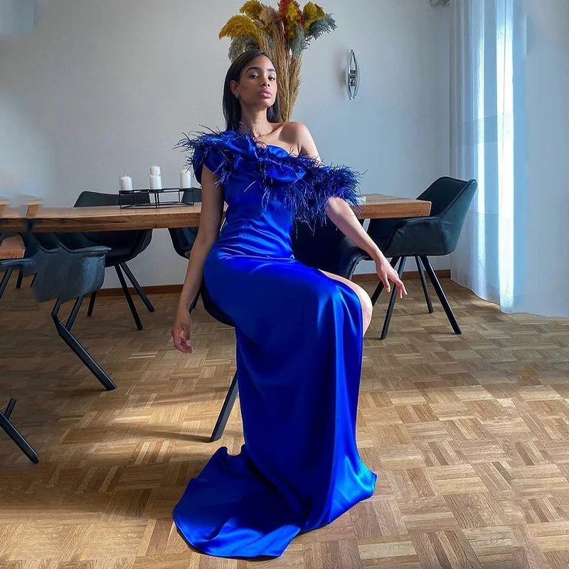 Sexy Blue Temperament Feather One-Shoulder Mermaid Prom Dresses Satin Party Dresses High Slit Evening Dresses
Sexy Blue Temperament Feather One-Shoulder Mermaid Prom Dresses Satin Party Dresses High Slit Evening Dresses