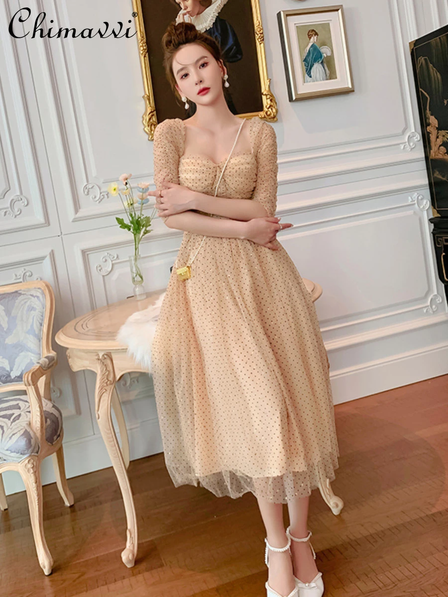 French Dot Mesh Dress for Women 2022 Summer New Fashion Off-Shoulder Shoulder-Baring Dress High Waist Slim Elegant Lace Dress
French Dot Mesh Dress for Women 2022 Summer New Fashion Off-Shoulder Shoulder-Baring Dress High Waist Slim Elegant Lace Dress