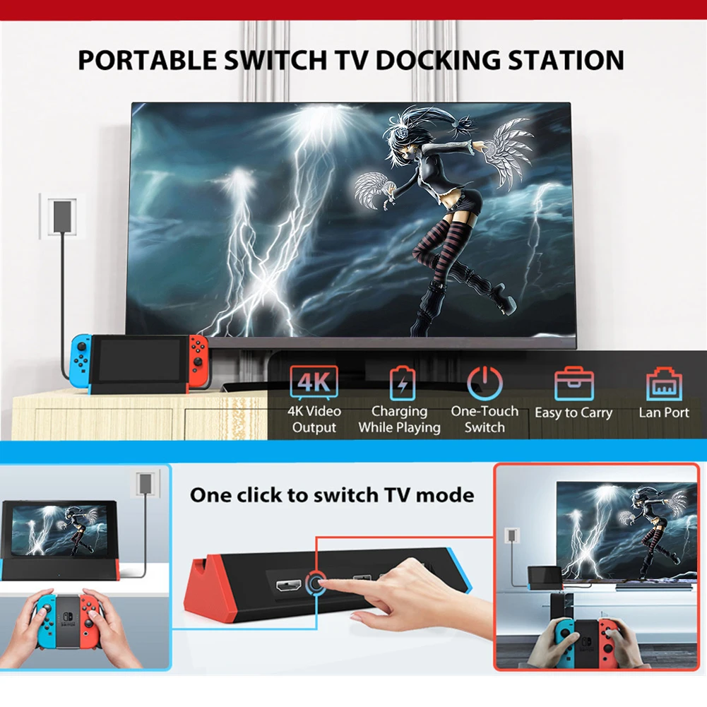 

Зарядная док-станция для телевизора, 1000 Мбит/с, порт LAN, Подключаемая док-станция для телевизора 4K, совместимый с HDMI, адаптер для Nintendo Switch/Switch OLED