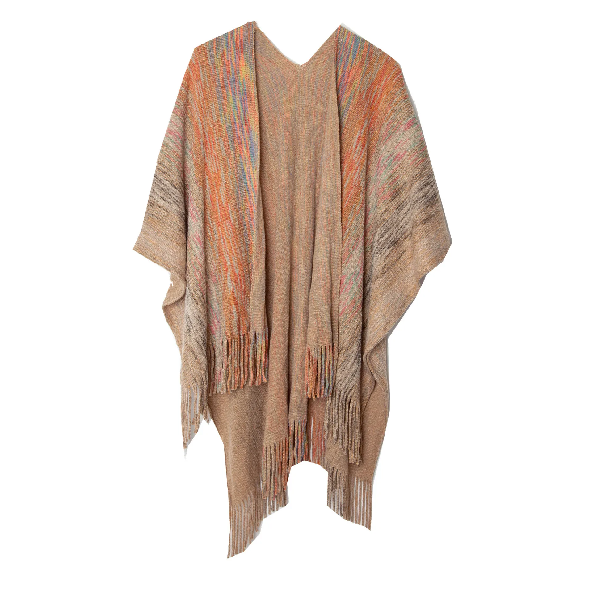 

Spring Autumn Fade Color Tassel Split Shawl Knitting Fashion Casual Women Poncho Lady Capes Khaki Cloaks