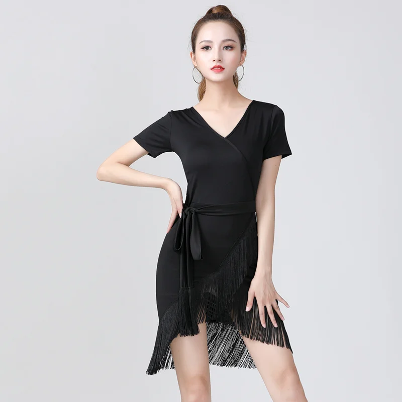 

Stage Performance Women Dance Clothes Salsa Samba Wear Front Fringes Mesh Sleeves Spandex One-piece Latin Dresses