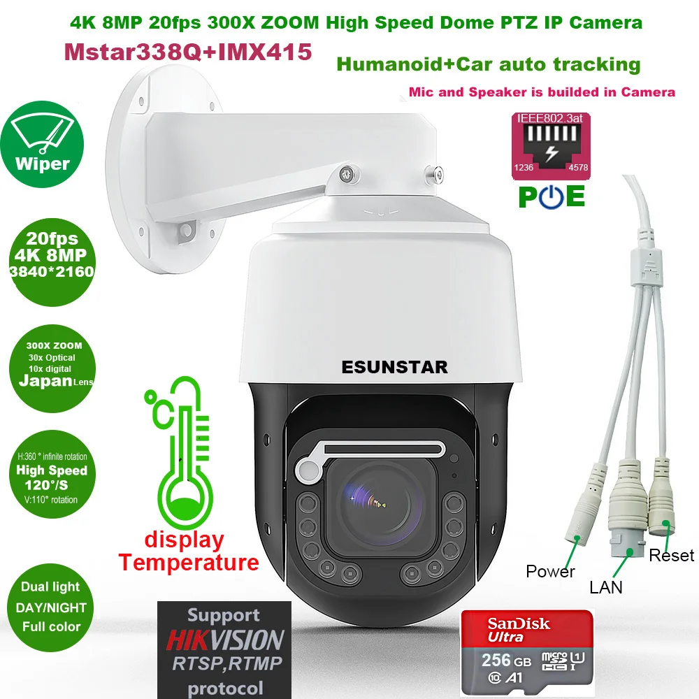 

IMX415 4K 8MP 30fps 300X ZOOM POE temperature display RTMP High Speed dome PTZ Wiper IP Camera ONVIF Absolute move Hikvision