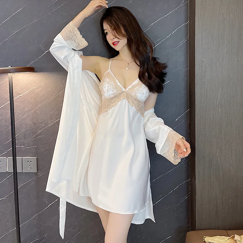 Satin Sleepwear Women 2 Pieces Robe Set With Lace Kimono Bathrobe Gown Intimate Lingerie Sexy Home Dressing Spring Nightgown
Satin Sleepwear Women 2 Pieces Robe Set With Lace Kimono Bathrobe Gown Intimate Lingerie Sexy Home Dressing Spring Nightgown
