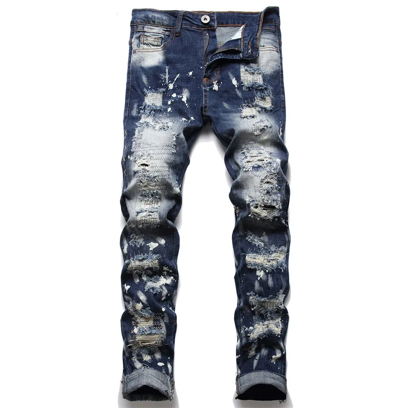 Men Ripped Jeans Holes Distressed Patchwork Embroidery Denim Pants Slim Blue Stretch Trousers
Men Ripped Jeans Holes Distressed Patchwork Embroidery Denim Pants Slim Blue Stretch Trousers