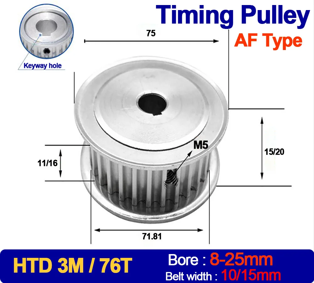 1PC 76Teeth HTD 3M Timing Pulley Teeth Pitch 3mm Keyway Bore 8mm-25mm For HTD3M Synchronous Belt Width 10/15mm 76T 76 Teeth
1PC 76Teeth HTD 3M Timing Pulley Teeth Pitch 3mm Keyway Bore 8mm-25mm For HTD3M Synchronous Belt Width 10/15mm 76T 76 Teeth