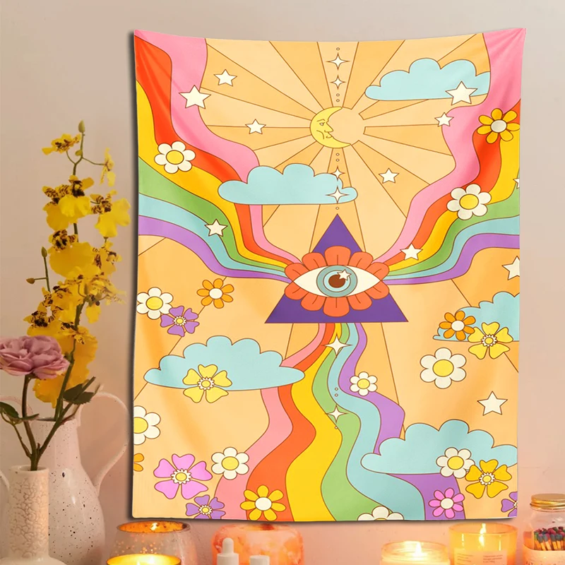 

Retro hippie boho rainbow print Tapestry Wall Hanging tripping Vintage Rainbow flower INS Trippy Sun Moon Wall Carpet Home Decor