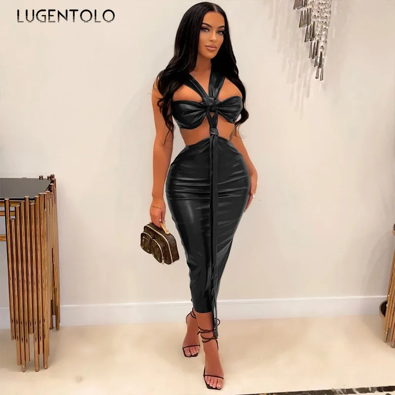 Women PU Dress Halter Neck Tied Tight Solid Faux Leather Sexy Fashion Nightclub Sleeveless Maxi Pencil Dress
Women PU Dress Halter Neck Tied Tight Solid Faux Leather Sexy Fashion Nightclub Sleeveless Maxi Pencil Dress