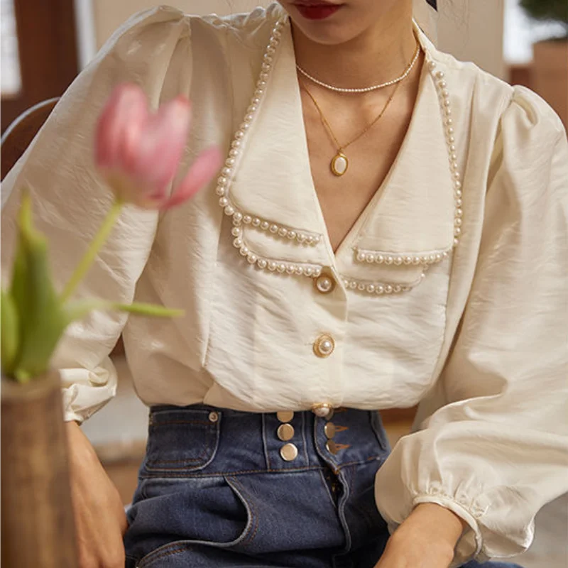 QWEEK Elegant Lantern Sleeve Shirt Women Vintage Pearl Double-layer Top Beautiful Blouses Autumn 2021 Fashion French Style Retro
QWEEK Elegant Lantern Sleeve Shirt Women Vintage Pearl Double-layer Top Beautiful Blouses Autumn 2021 Fashion French Style Retro