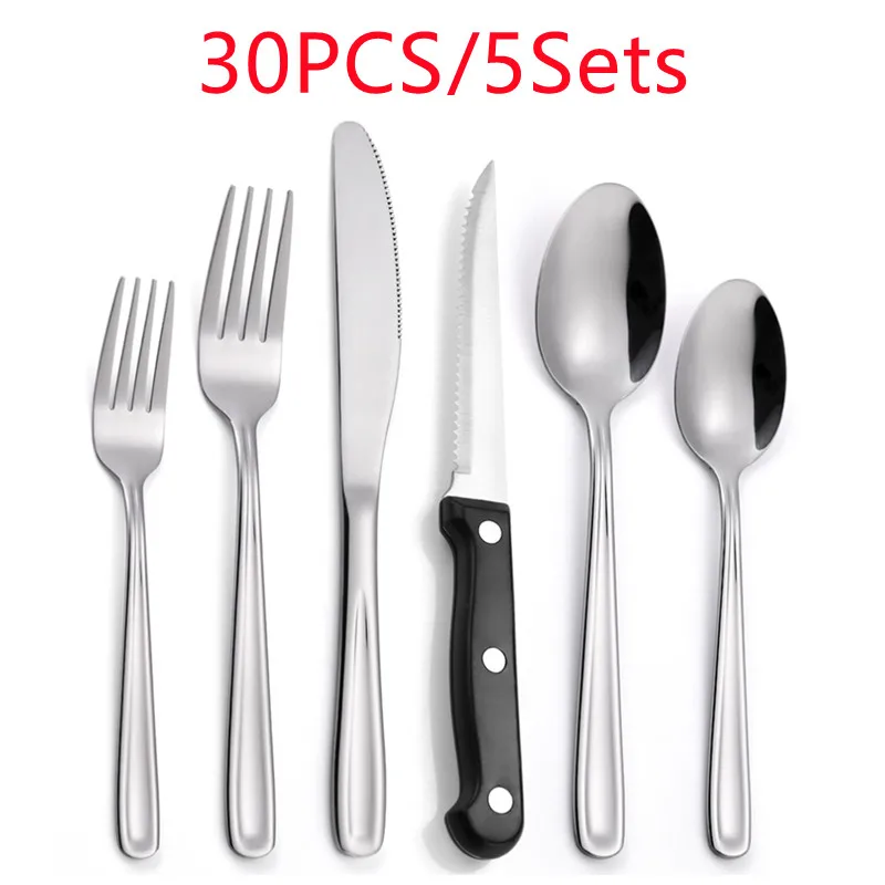 

30PCS Cutlery Set Forks Steak Knife Flatware Coffee Spoon Dessert Fork Set Stainless Steel Silverware Tableware Set Dinnerware