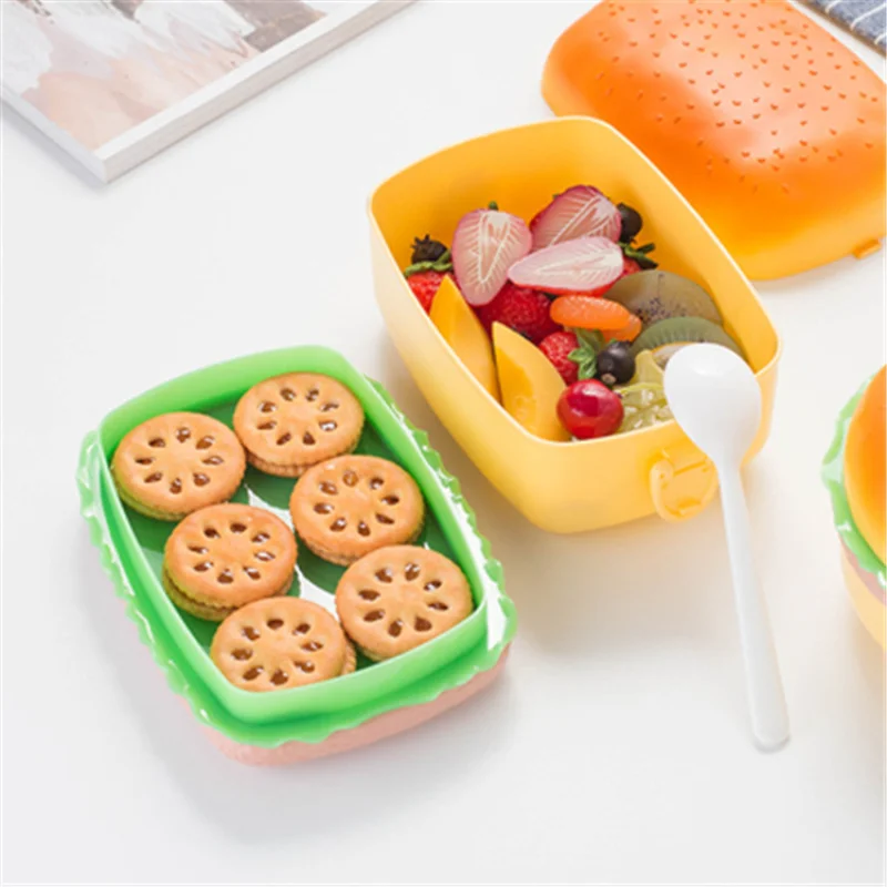 

Hamburger Lunch Box Double Tier Cute Burger Bento Box Microwave Children School Food Container Fork Tableware Set Food Warmer