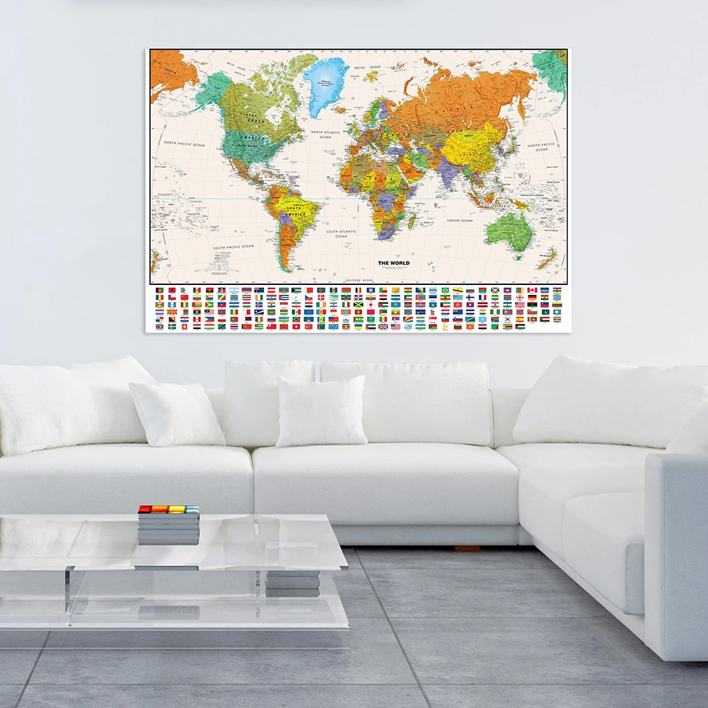

130*90cm The World Map Wall Art Poster Retro World Globe Map with National Flags Non-woven Canvas Painting Home Bedroom Decor