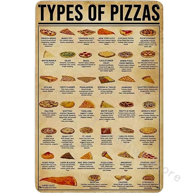 Dectinsign Metal Tin Signs Types Of Pizzas Knowledge Metal Tin Sign Metal Poster Cafe Restaurant Living Room Kitchen Home Art
Dectinsign Metal Tin Signs Types Of Pizzas Knowledge Metal Tin Sign Metal Poster Cafe Restaurant Living Room Kitchen Home Art