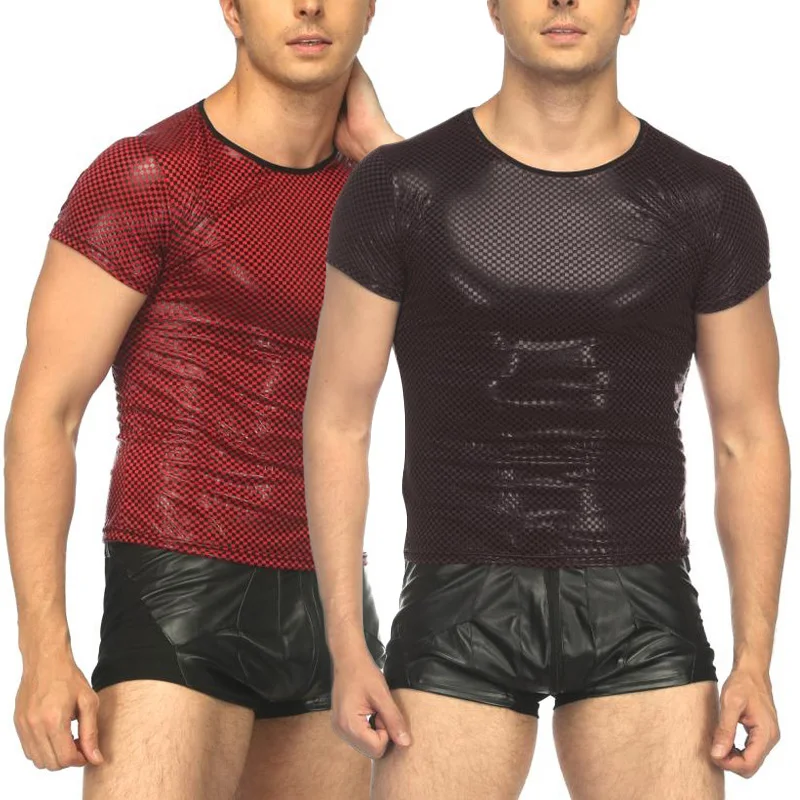 Men's Sexy Patent Leather Solid Color Nightclub Stage Performance T-Shirt Tops Faux Leather Plaid T-shirt Erotic Male Clothes
Men's Sexy Patent Leather Solid Color Nightclub Stage Performance T-Shirt Tops Faux Leather Plaid T-shirt Erotic Male Clothes