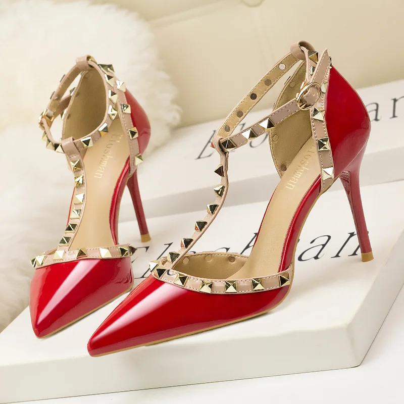 

European and American Sexy Nightclub Skinny Stilettos High Heel Pointed High Heels Women's Rivet Hollow-out Strap Sandals