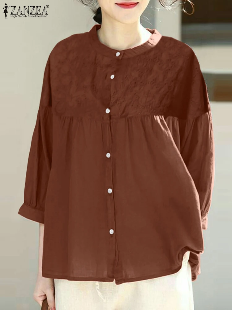 

Модная Кружевная туника ZANZEA в стиле пэчворк, топы, летняя элегантная рубашка, женская блузка с коротким рукавом и круглым вырезом, Женская Праздничная блузка большого размера