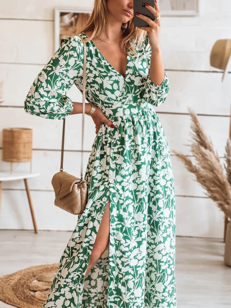 Summer Elegant V-neck Long Dress Women Floral Split Maxi Dress Holiday Boho Beach Dress Casual Fashion Three-quarter Print Dress
Summer Elegant V-neck Long Dress Women Floral Split Maxi Dress Holiday Boho Beach Dress Casual Fashion Three-quarter Print Dress