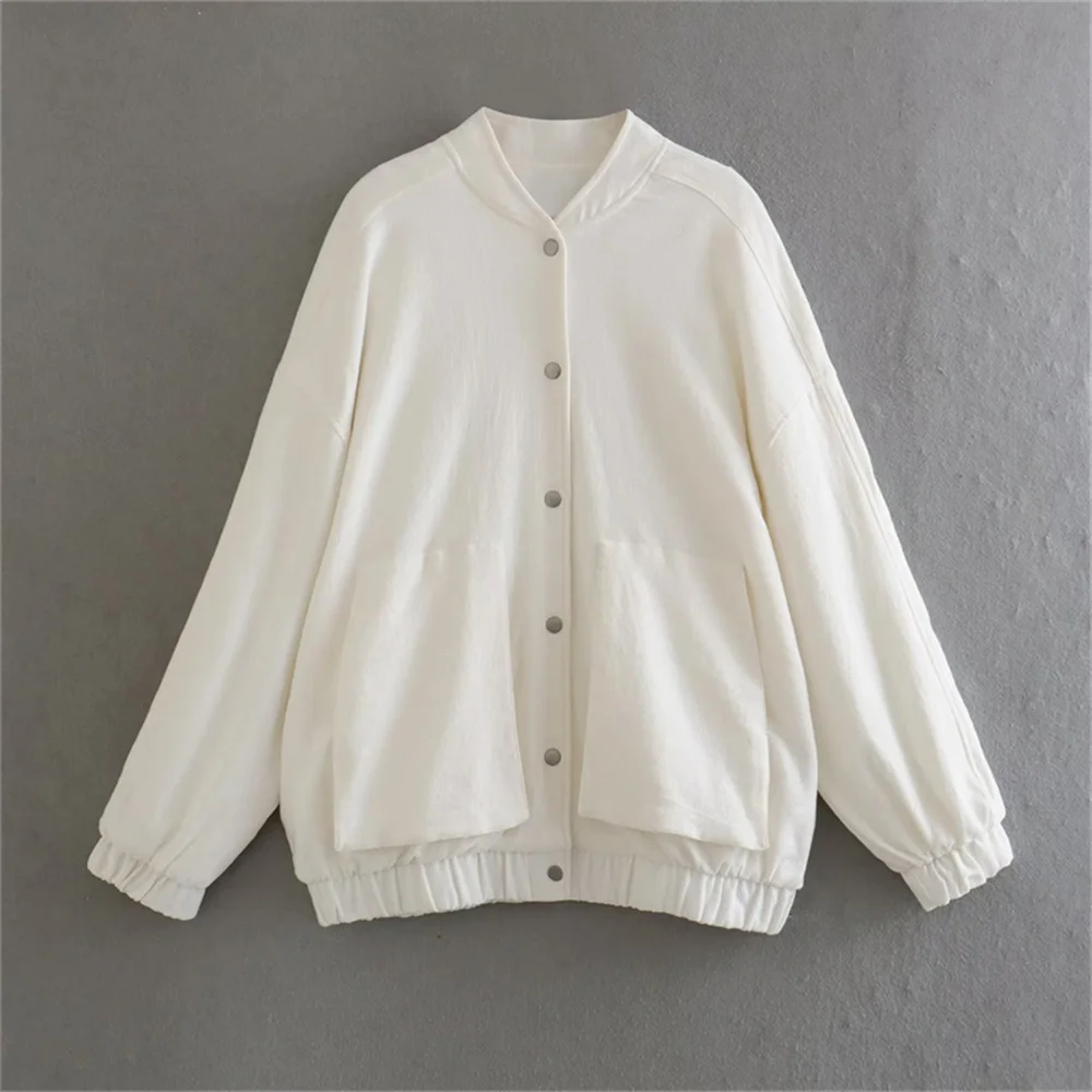 

BM&MD&ZA 2023 summer new white pocket decoration single-breasted loose linen blended bomber jacket female coat 2712013