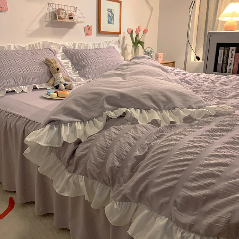 Pink Ruffled Seersucker Duvet Cover Set 3/4pcs Soft Lightweight Down Alternative Grey Bedding Set with Bed Skirt and Pillowcases
Pink Ruffled Seersucker Duvet Cover Set 3/4pcs Soft Lightweight Down Alternative Grey Bedding Set with Bed Skirt and Pillowcases