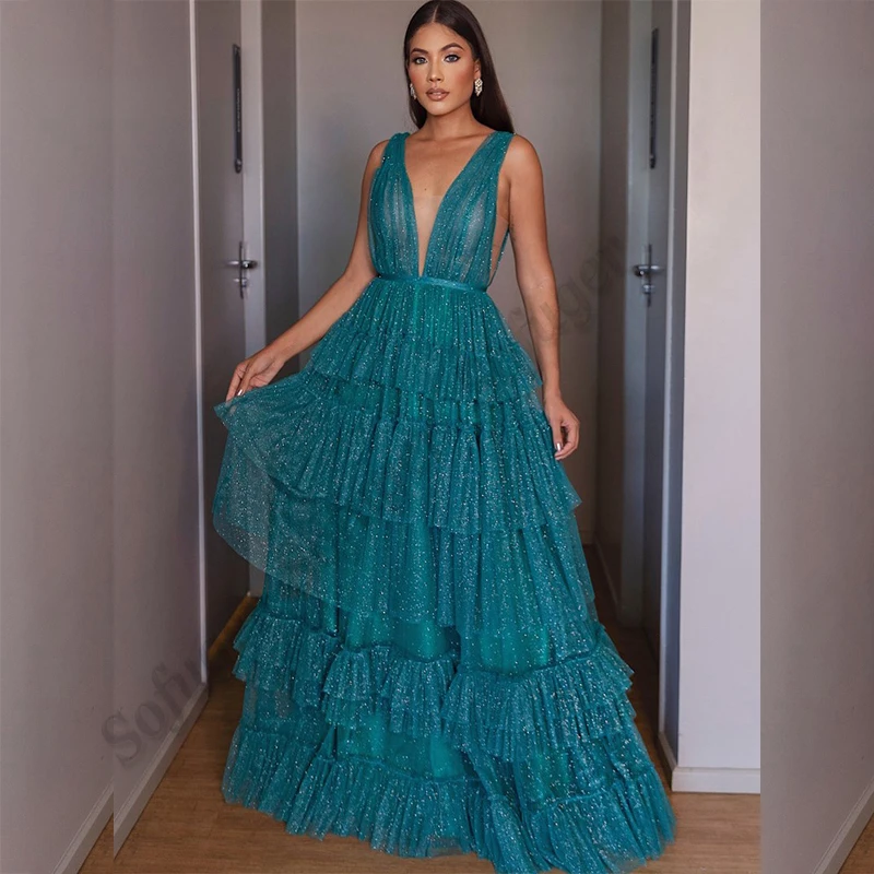 Bling Tiered Sleeveless Evening Dress Deep V-Neck Floor Length Formal Prom Gown Fiesta Wedding Party Vestidos Custom Made
Bling Tiered Sleeveless Evening Dress Deep V-Neck Floor Length Formal Prom Gown Fiesta Wedding Party Vestidos Custom Made
