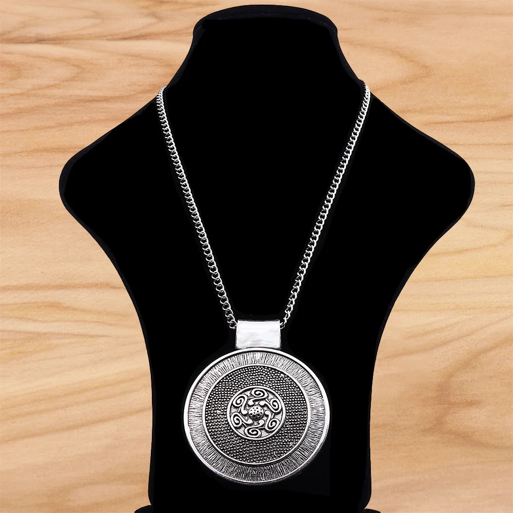 

Tibetan Silver Large Bohemian Boho Medallion Round Pendant on Long Chain Necklace Lagenlook 34 Inches for Jewelry Women Men Gift