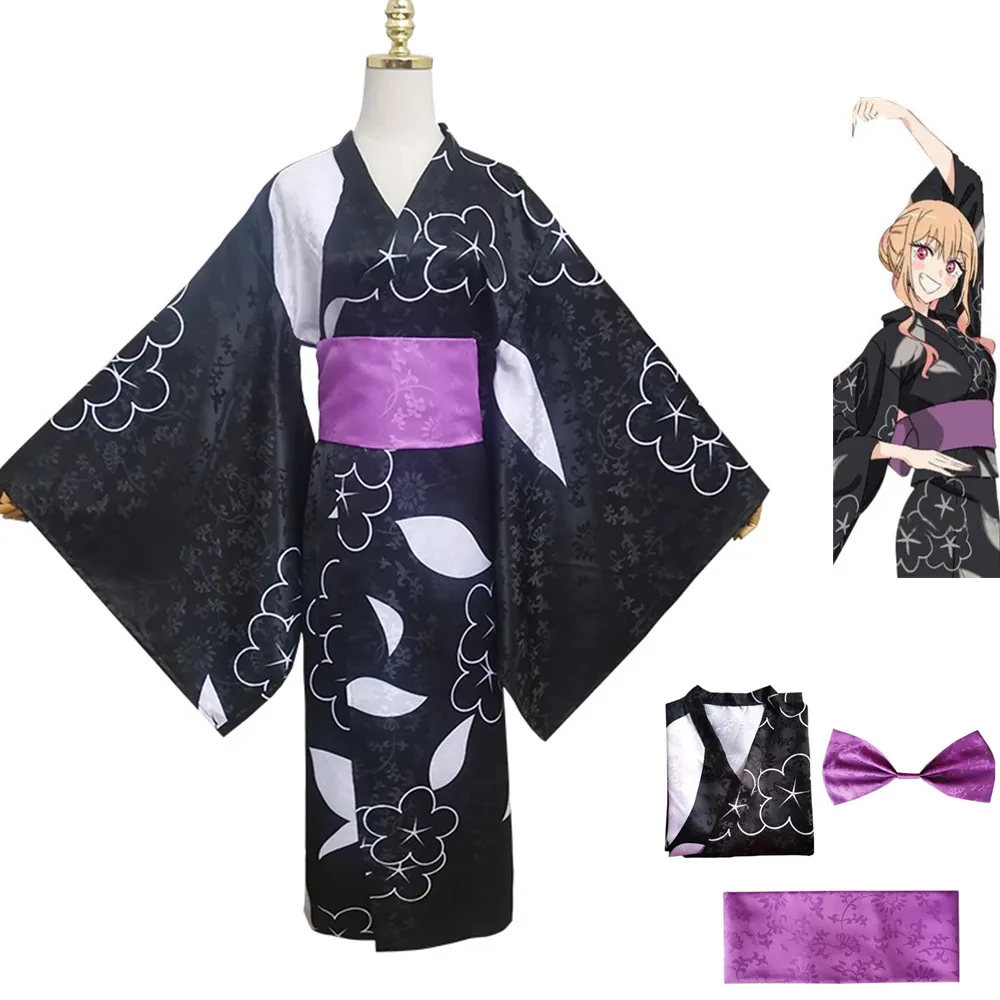 

Anime My Dress-Up Darling Kitagawa Marin Cos Name Cosplay Costume WIG Dark Grain Jacquard Weave Kimono Bathrobe Woman Sexy Suit