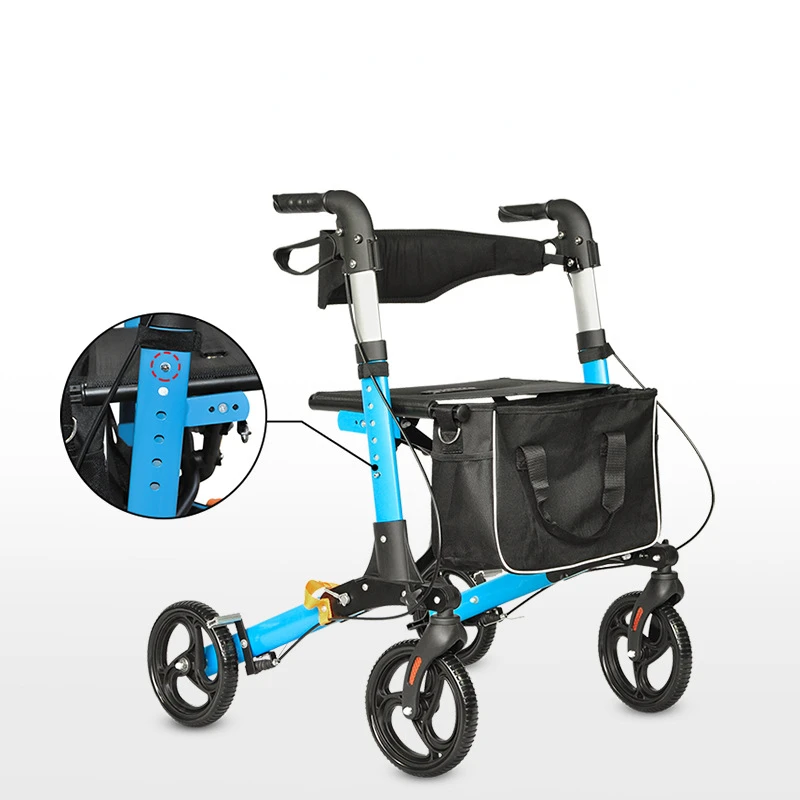

Lightweight Aluminum Rollator Walker With Brake Elderly Travel Folding Trolley Four-Wheel Shopping Cart Scooter