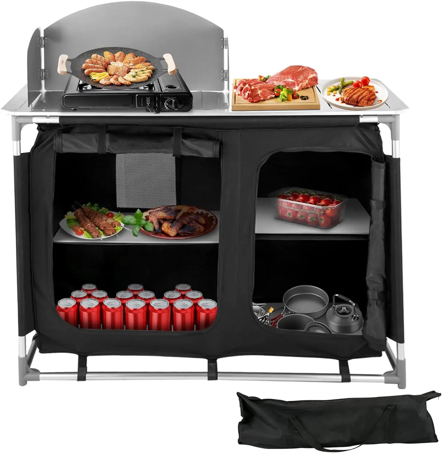 Aluminum Portable Camping Kitchen, Folding Cooking Table with 48" Tabletop, Detachable Windscreen Storage Organizer & Ca
Aluminum Portable Camping Kitchen, Folding Cooking Table with 48" Tabletop, Detachable Windscreen Storage Organizer & Ca