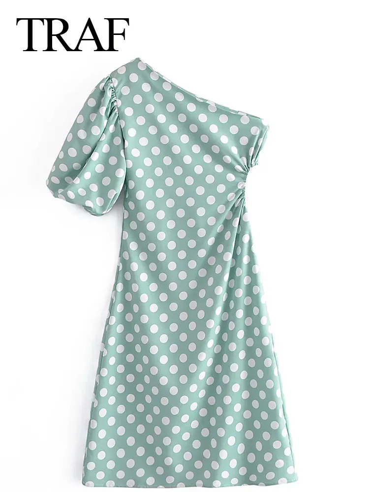 TRAF Temperament One Shoulder Slant Collar Slim Fit Women's Dress Polka Dot Print Elastic Puff Sleeve Elegant Lady Dress New
TRAF Temperament One Shoulder Slant Collar Slim Fit Women's Dress Polka Dot Print Elastic Puff Sleeve Elegant Lady Dress New