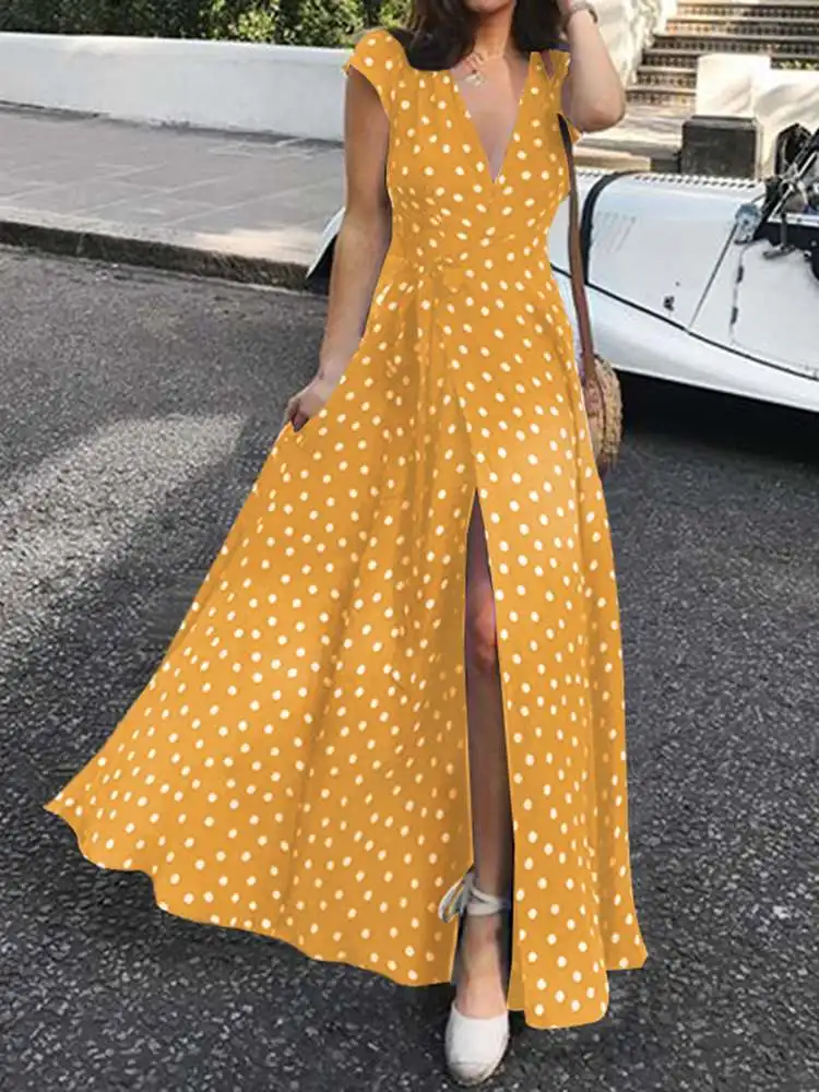 

Celmia Bohemian Polka Dot Slit Hem Maxi Dresses Women Sexy V Neck Long Dress 2022 Summer Casual Short Sleeve Belted Sundress