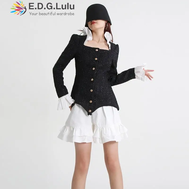 EDGLuLu Женский комплект из двух предметов 2022 белая Лоскутная рубашка с квадратным вырезом в клетку с длинным рукавом + мини юбка с оборками 1121 
EDGLuLu Женский комплект из двух предметов 2022 белая Лоскутная рубашка с квадратным вырезом в клетку с длинным рукавом + мини юбка с оборками 1121