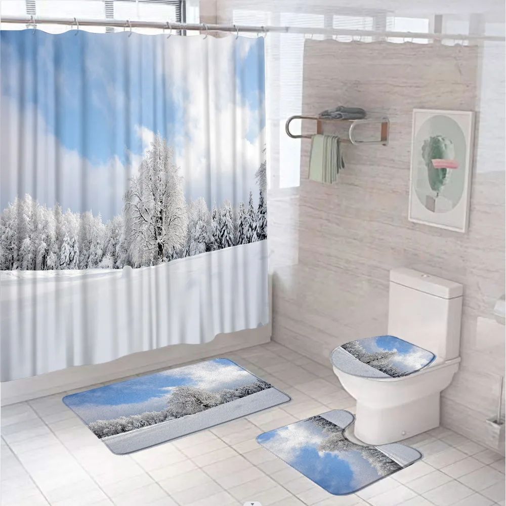 

4Pcs Scenery Forest Shower Curtain Set Winter Cedar Non-Slip Bath Mat Rug Lid Toilet Cover Snow Landscape Bathroom Decor Hooks