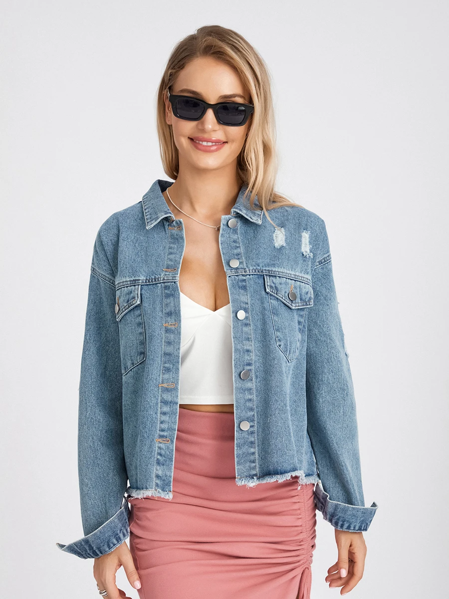 

Casual Oversized Denim Jacket with Distressed Details and Long Tassel Fringe Sleeve Coat