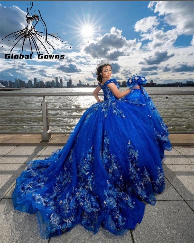 

Мексиканское бальное платье с открытыми плечами Королевского синего цвета, платья Quinceanera, платья с аппликацией из бисера для дня рождения с рукавом, милые платья 15 16