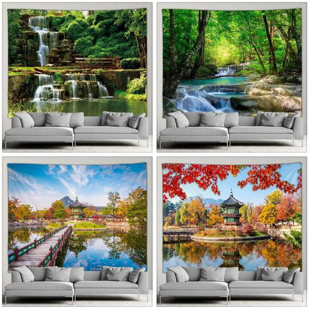 

Outdoor Garden Landscape Tapestry Forest Waterfall Natural Tropical Greenery Simple Art Modern Style Wall Hanging Wall Screen