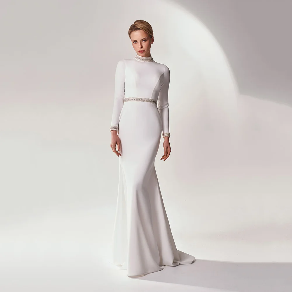 Elegant Mermaid Wedding Dresses New High Neck Beading Sequined Floor-Length Bridal Gown Simple Full Sleeves White Robe de soirée
Elegant Mermaid Wedding Dresses New High Neck Beading Sequined Floor-Length Bridal Gown Simple Full Sleeves White Robe de soirée