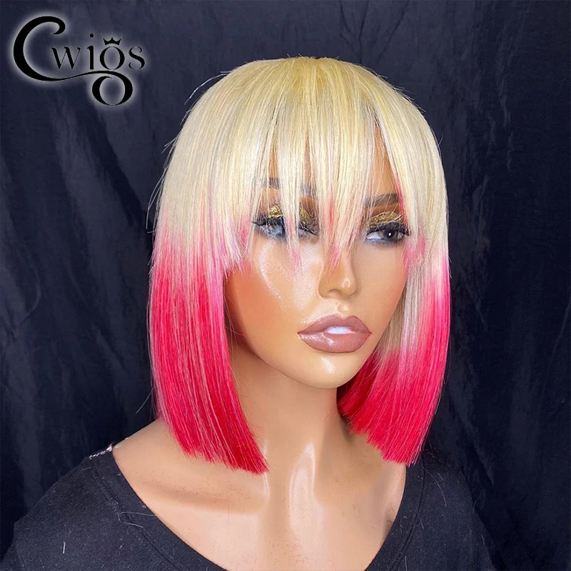 

Short Bob Pixie Cut Straight 613 Honey Blonde Pink Purple Ombre Color 13x4 Lace Synthetic Wig With Bang For Black Women