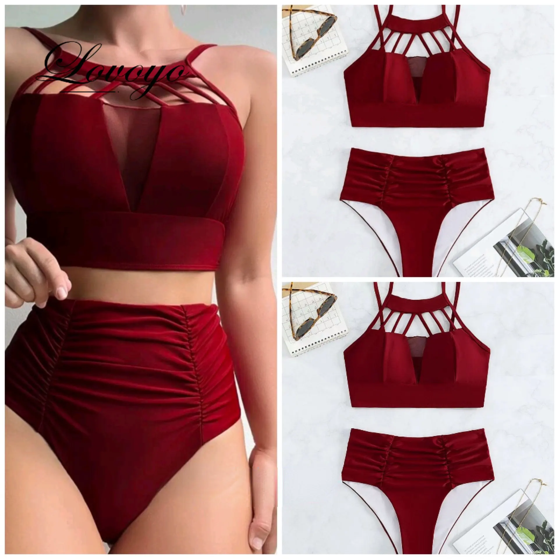 

2023 Cut-out Ruched Bikini Women High Waisted Swimwear Female Solid Swimsuit Red Beachwear Bathers Bathing Swimming Swim Suit