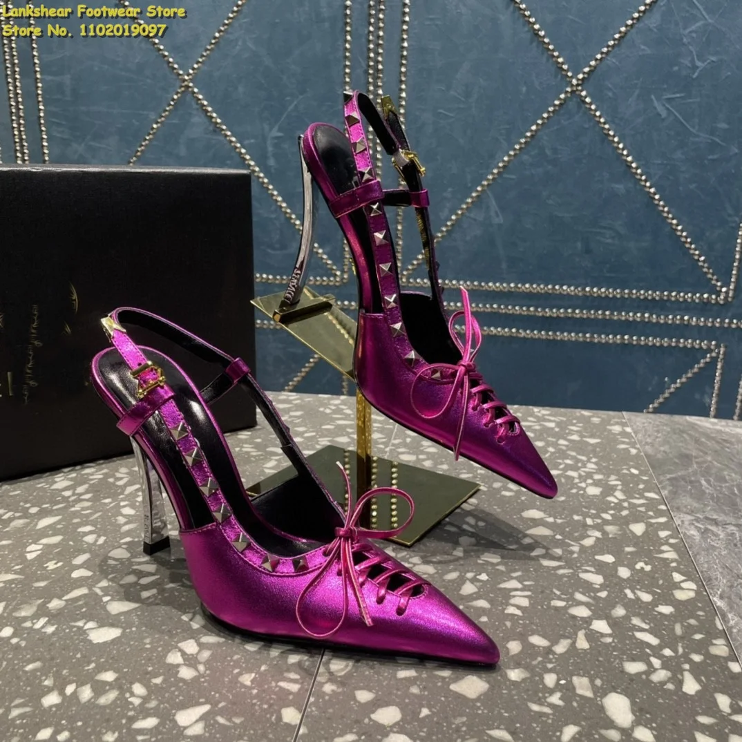 

New Women Satin Pointed Toe Stiletto Pumps Rivet Embellished High Heel Sandals Lace up Slingback Buckle Fastening Ankle Strap