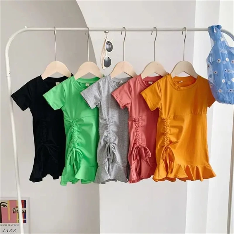 

1-7Y Summer Girls Tee Dress Cotton Infant Children Clothing Fashion Solid Color Short Sleeve Fishtail Ruched Dress Baby Clothes